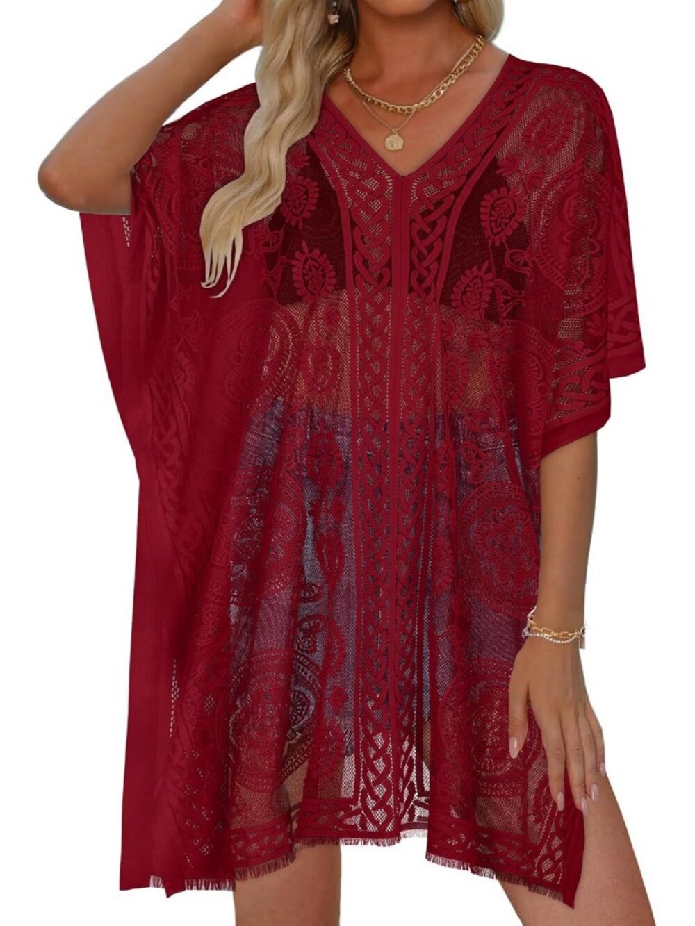 Women's Deep Red Polyester V Neck Laced Summer Swim Loose Bikni Coverup Dress